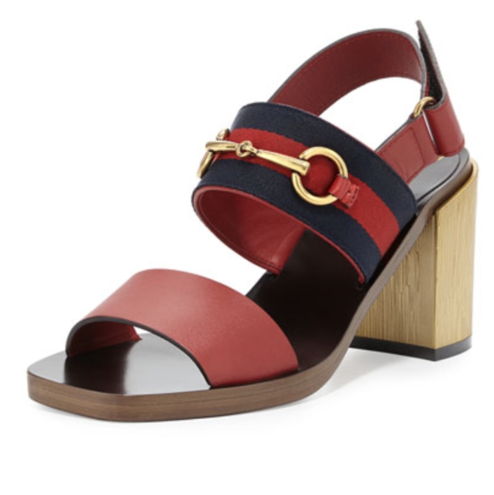 Gucci Two-Band Horsebit Block-Heel Sandal, Navy/Red 37